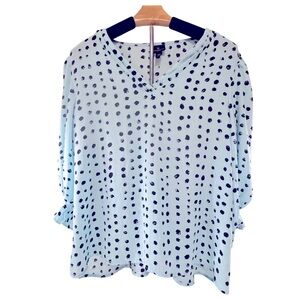 Worthington Blouse Baby Blue Black Polka Dots